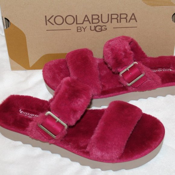 NIB UGG KOOLABURRA WOMEN'S FUR SLIDE SLIP ON SLIPPERS BURGUNDY - Picture 1 of 6